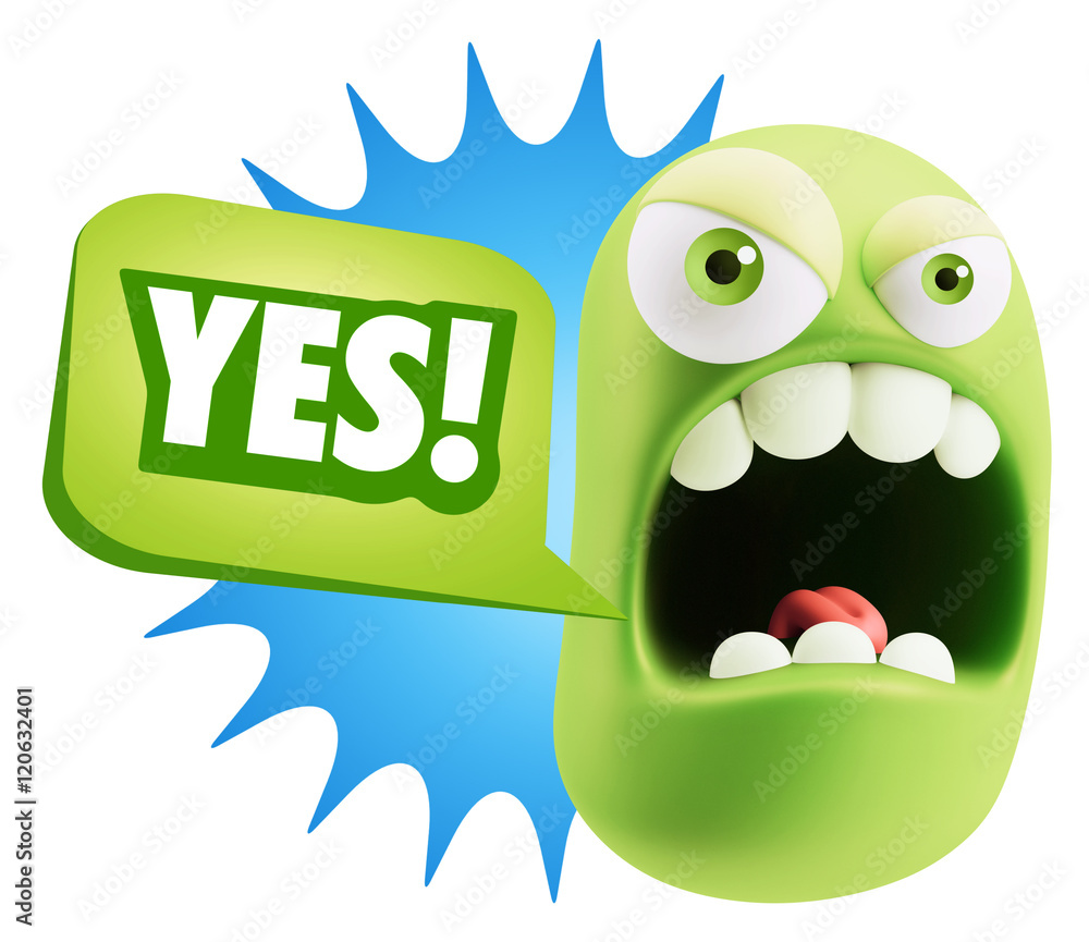 3d Rendering Angry Character Emoji saying Yes with Colorful Spee 3d Rendering Angry Character Emoji saying Yes with Colorful Spee
