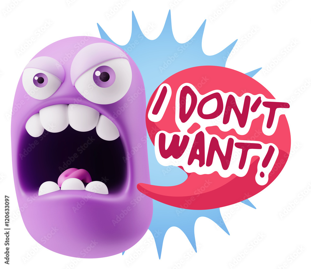 3d Rendering Angry Character Emoji saying I Don't Want with Colo 3d Rendering Angry Character Emoji saying I Don't Want with Colo