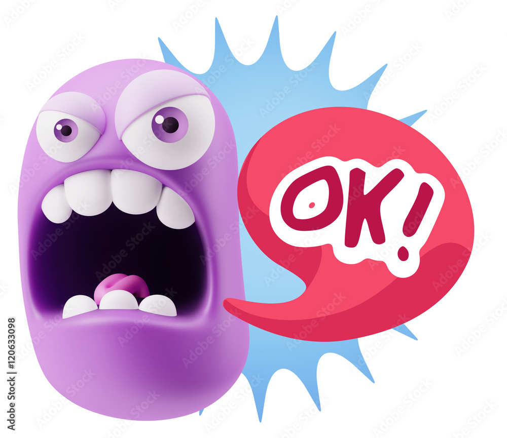3d Rendering Angry Character Emoji saying OK with Colorful Speec 3d Rendering Angry Character Emoji saying OK with Colorful Speec