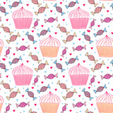 Sweets seamless pattern with cupcakes and candy. Girly background for menu decoration, wrapping paper or textile design