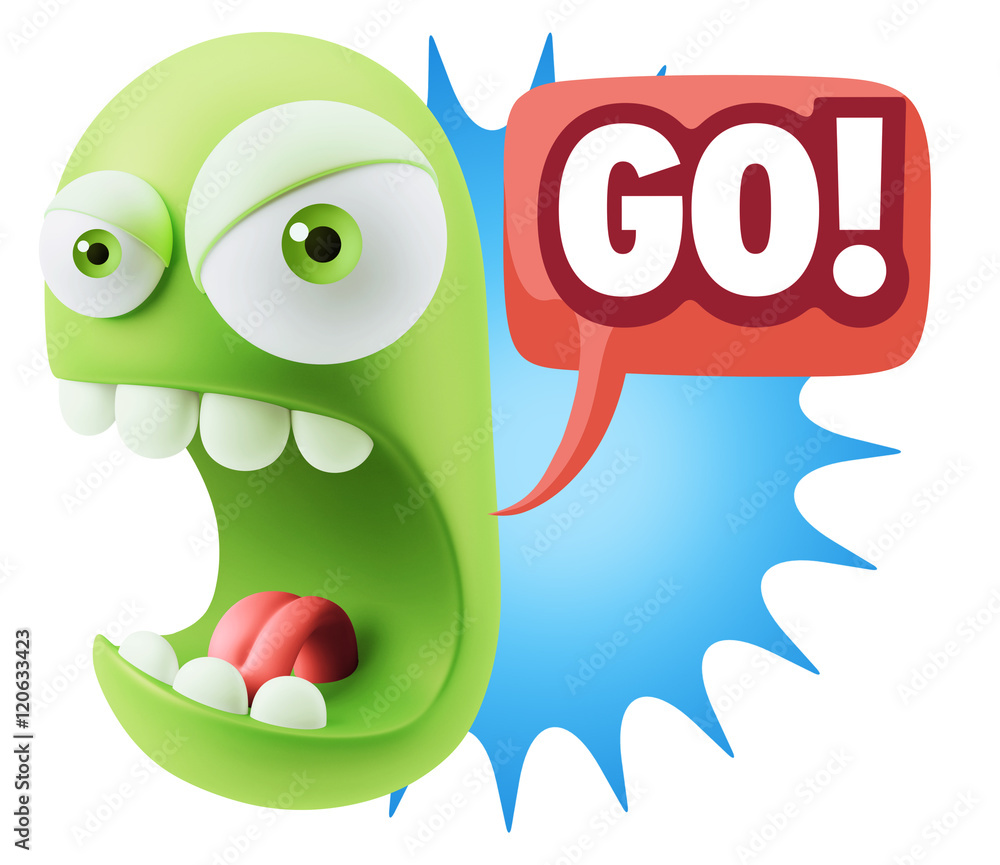 3d Rendering Angry Character Emoji saying Go with Colorful Speec 3d Rendering Angry Character Emoji saying Go with Colorful Speec