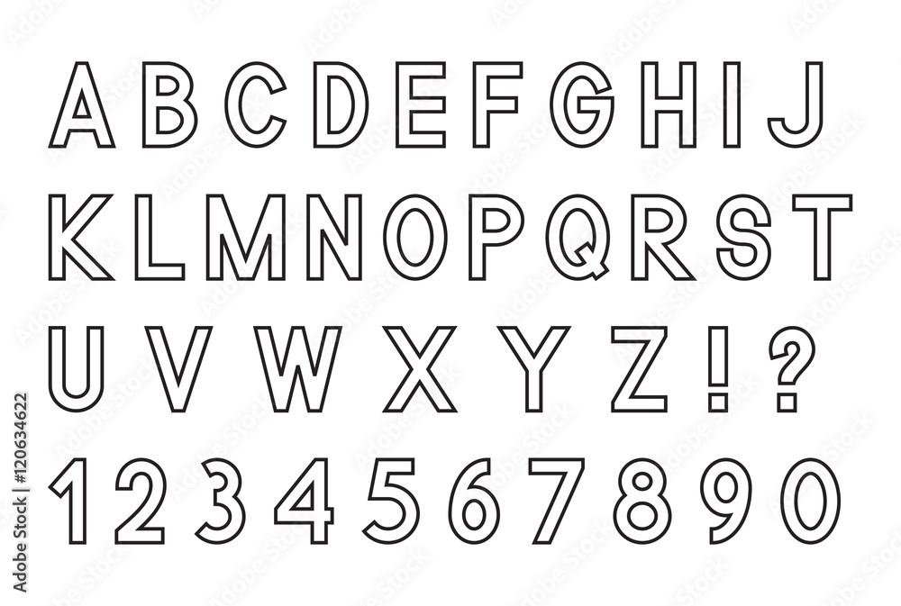 Latin alphabet letters with set of numbers 1, 2, 3, 4, 5, 6, 7, 8, 9, 0 and punctuation signs, outlined, isolated on white background, vector illustration. Latin alphabet letters with set of numbers 1, 2, 3, 4, 5, 6, 7, 8, 9, 0 and punctuation signs, outlined, isolated on white background, vector illustration.