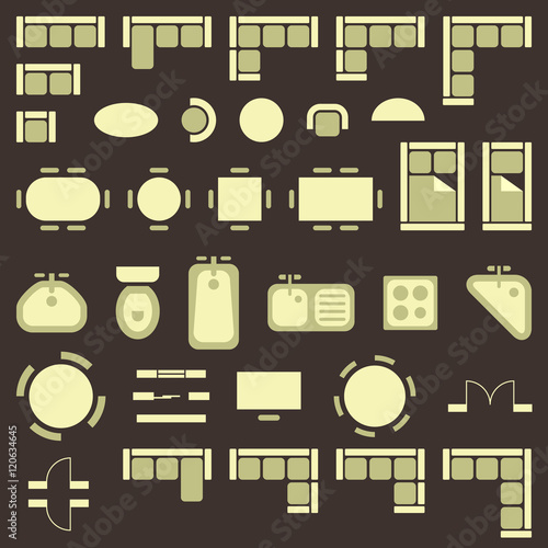 Standard furniture symbols used in architecture plans icons set, graphic design elements, isolated on brown background, vector illustration.