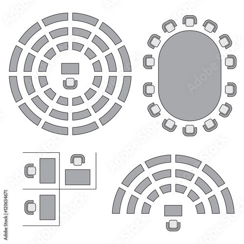 Business, education and government furniture symbols used in architecture plans icons set, top view, graphic design elements, grey isolated on white background, vector illustration.