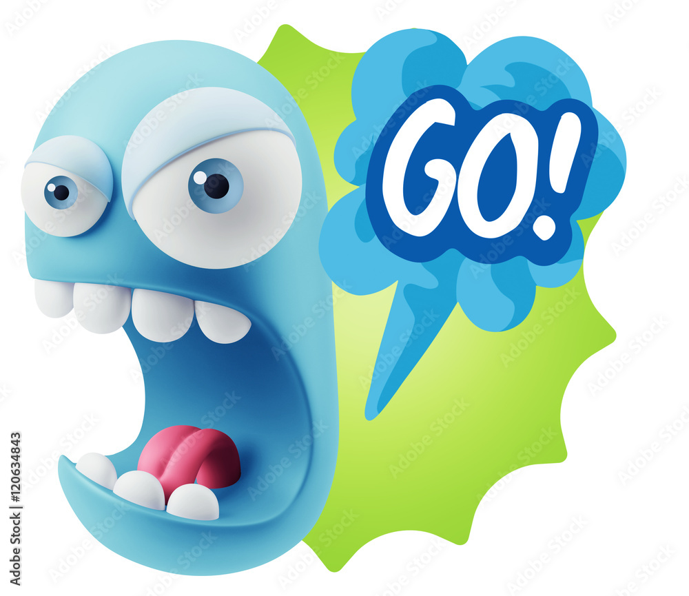 3d Rendering Angry Character Emoji saying Go with Colorful Speec 3d Rendering Angry Character Emoji saying Go with Colorful Speec