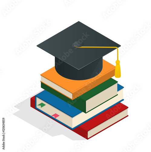 Isometric Graduation concept illustration. Heap of book graduate cap on top book license stationery.