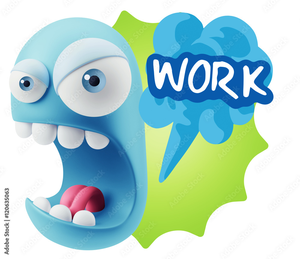 3d Rendering Angry Character Emoji saying Work with Colorful Spe 3d Rendering Angry Character Emoji saying Work with Colorful Spe
