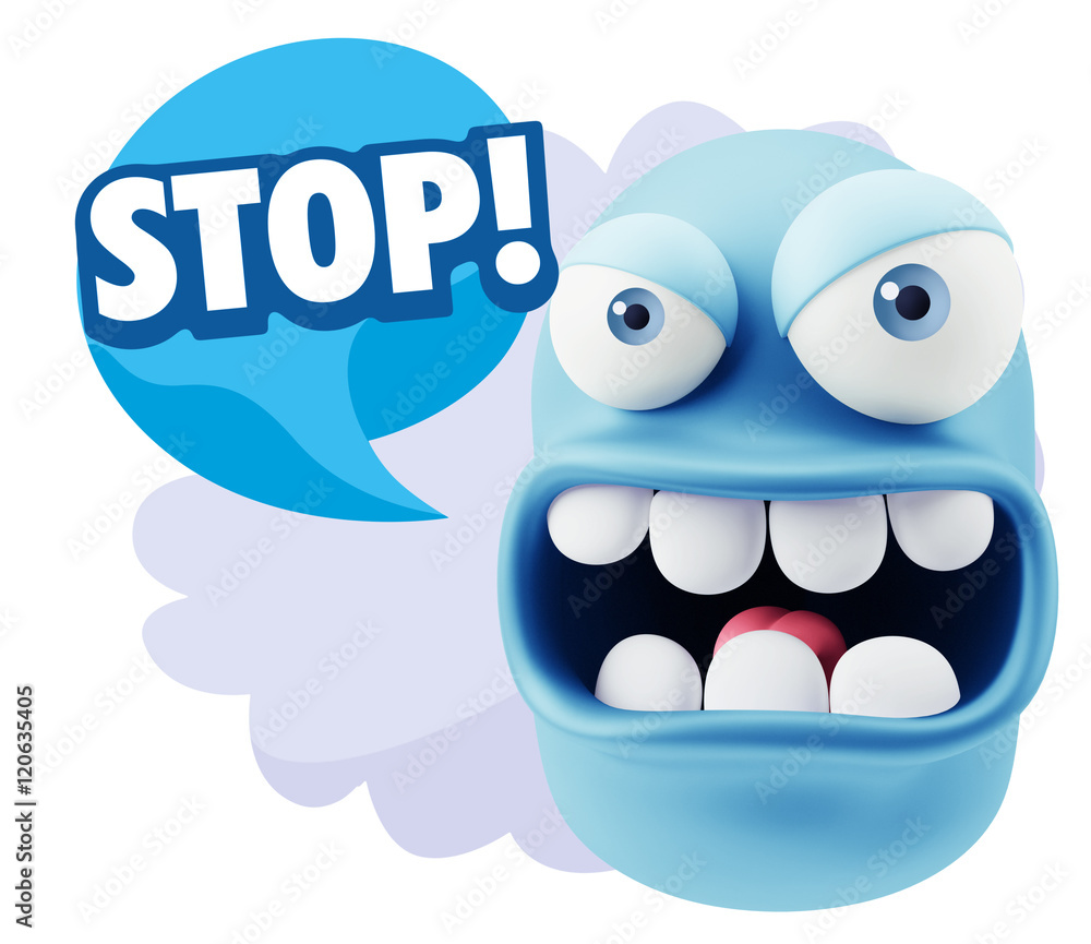 3d Rendering Angry Character Emoji saying Stop with Colorful Spe 3d Rendering Angry Character Emoji saying Stop with Colorful Spe