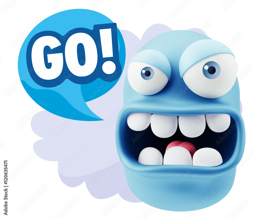 3d Rendering Angry Character Emoji saying Go with Colorful Speec 3d Rendering Angry Character Emoji saying Go with Colorful Speec