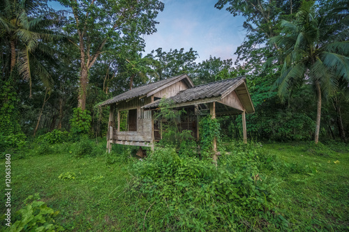 Scenics view of old wooden abandoned cottage against sky