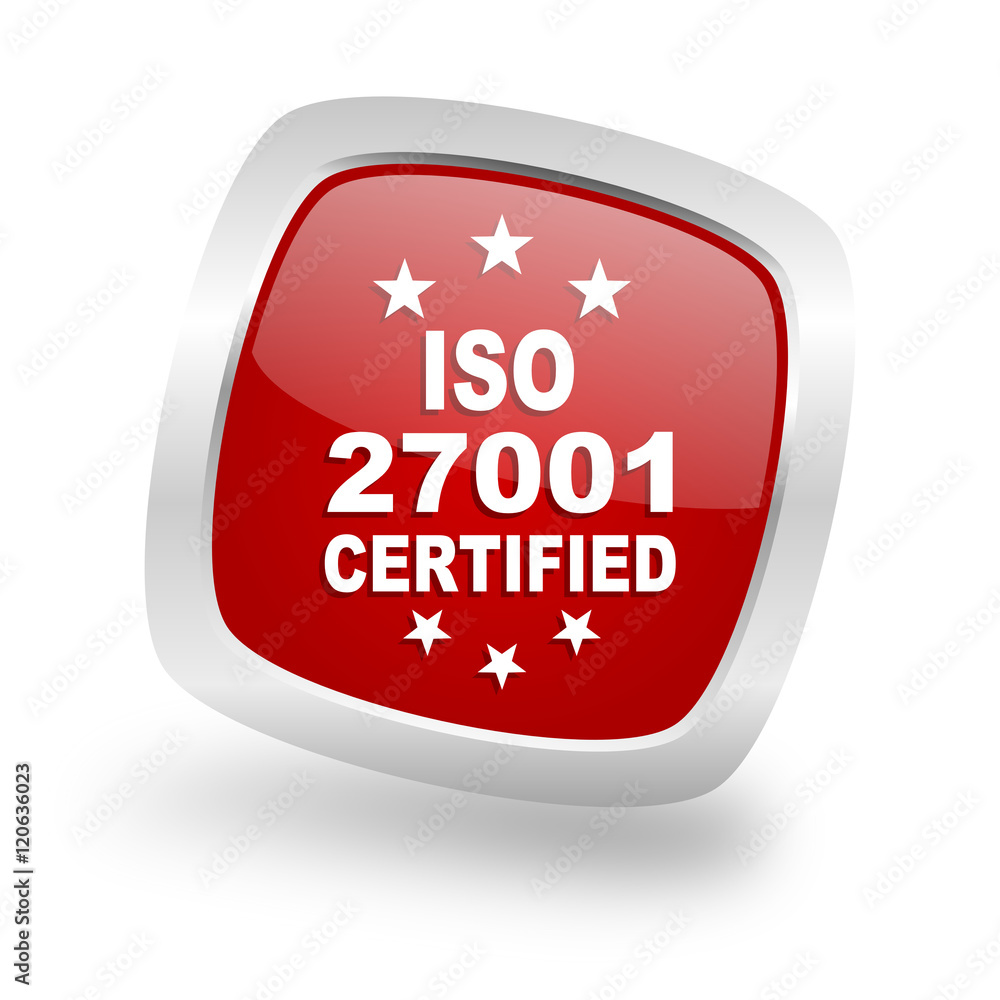 iso 27001 square red glossy chrome silver metallic web icon