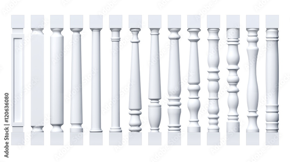 Collection of white isolated columns, pilasters, balusters Collection of white isolated columns, pilasters, balusters