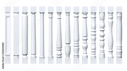 Fotografie, Obraz Collection of white isolated columns, pilasters, balusters
