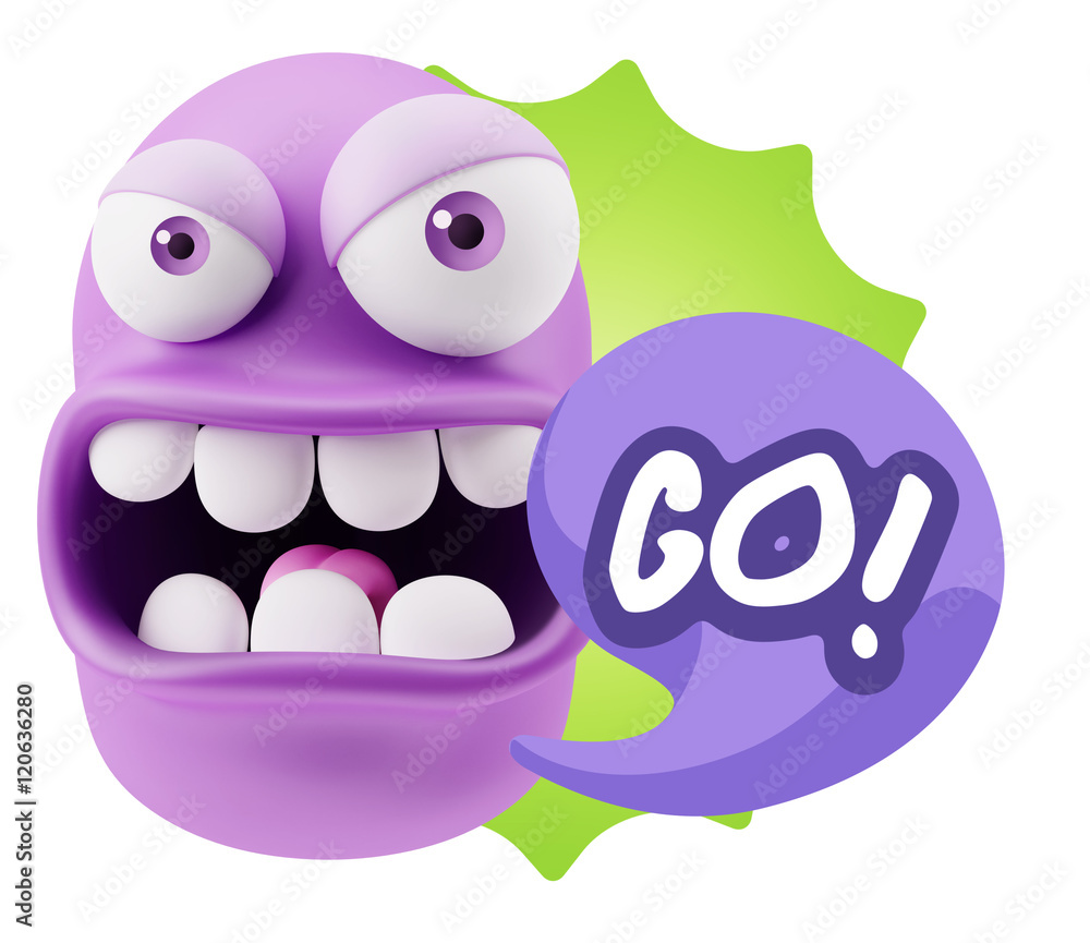 3d Rendering Angry Character Emoji saying Go with Colorful Speec 3d Rendering Angry Character Emoji saying Go with Colorful Speec