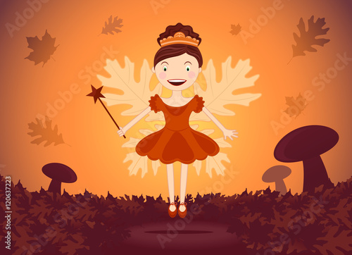 Little Smiling Autumn Fairy in Woods.