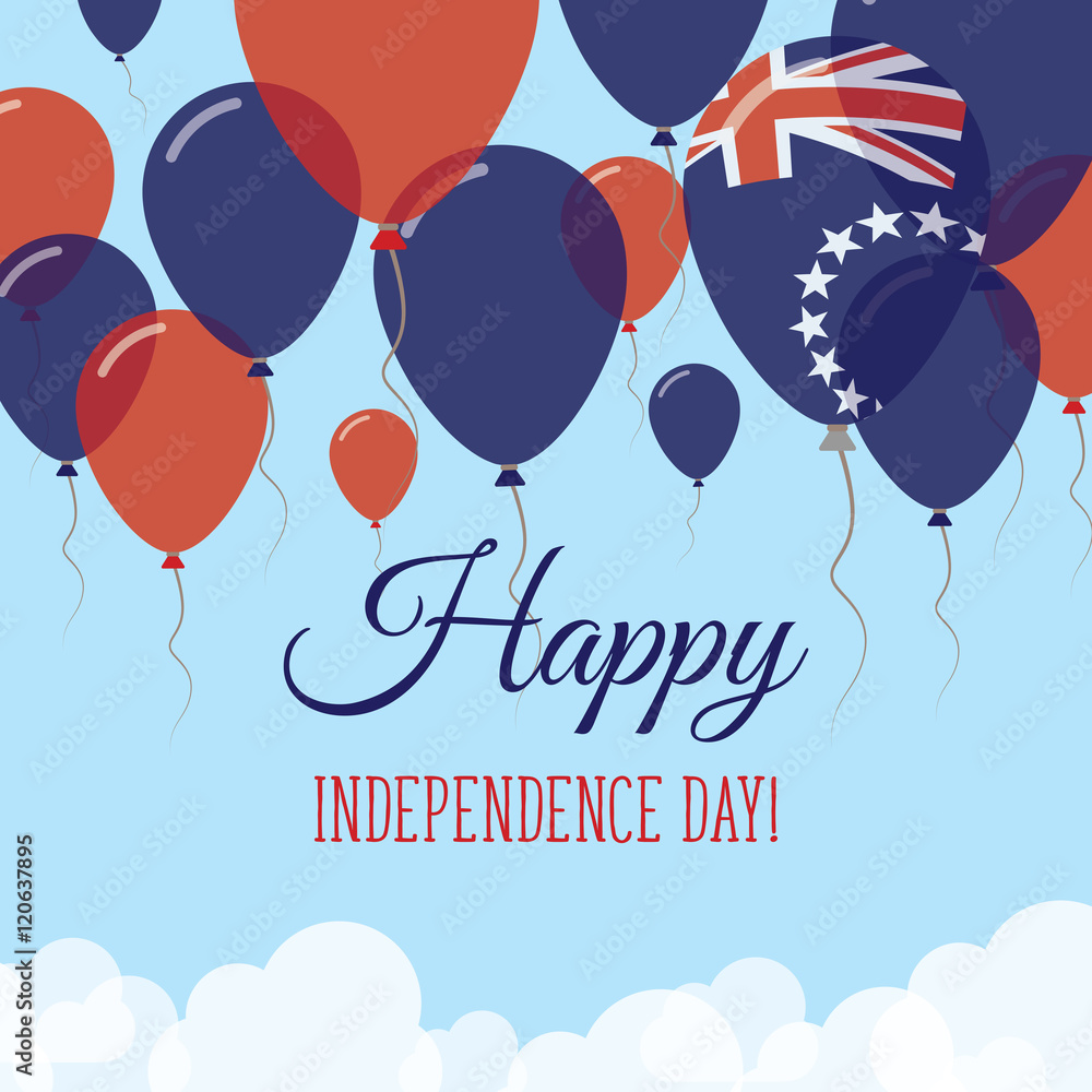 Cook Islands Independence Day Flat Greeting Card. Flying Rubber Balloons in Colors of the Cook Islander Flag. Happy National Day Vector Illustration.
