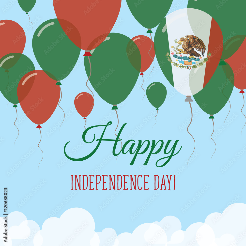 Mexico Independence Day Flat Greeting Card. Flying Rubber Balloons in Colors of the Mexican Flag. Happy National Day Vector Illustration.