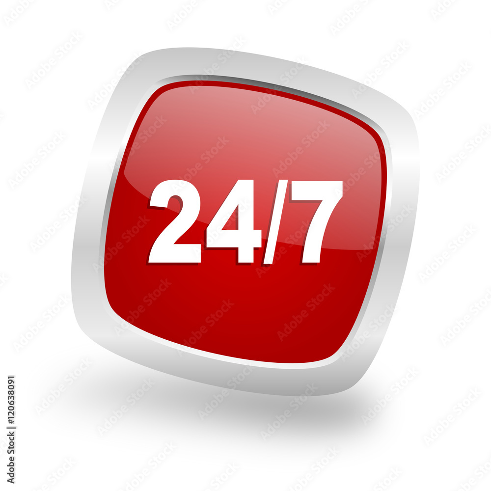 24/7 square red glossy chrome silver metallic web icon 24/7 square red glossy chrome silver metallic web icon