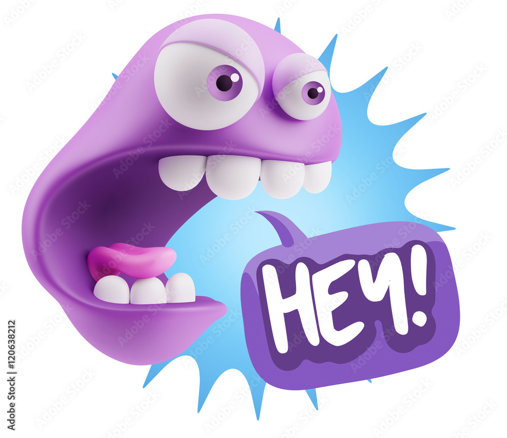 3d Rendering Angry Character Emoji saying Hey with Colorful Spee 3d Rendering Angry Character Emoji saying Hey with Colorful Spee