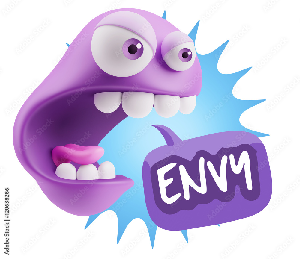 3d Rendering Angry Character Emoji saying Envy with Colorful Spe