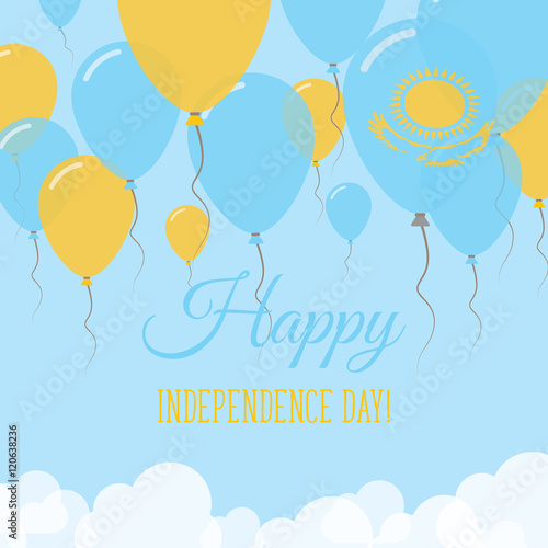 Kazakhstan Independence Day Flat Greeting Card. Flying Rubber Balloons in Colors of the Kazakhstani Flag. Happy National Day Vector Illustration.