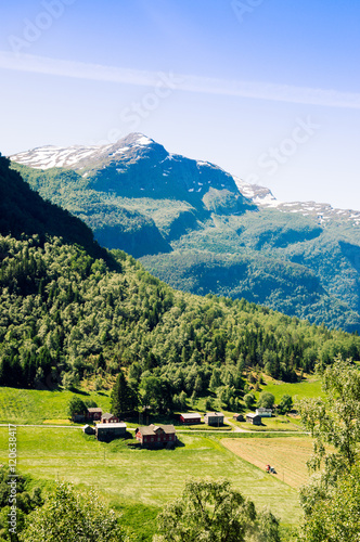 green valley with river and mountains in norway