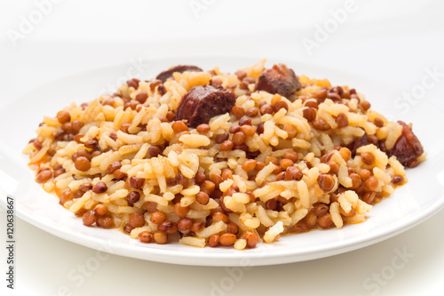 Lentil stew with rice home isolated
