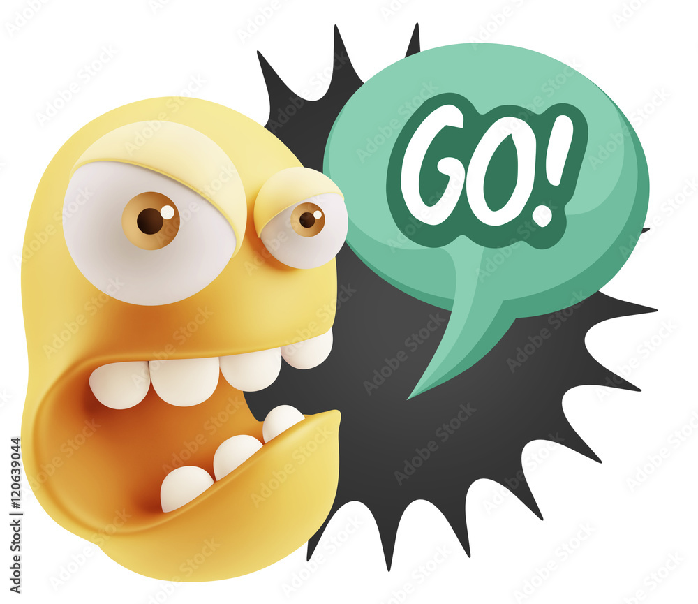 3d Rendering Angry Character Emoji saying Go with Colorful Speec