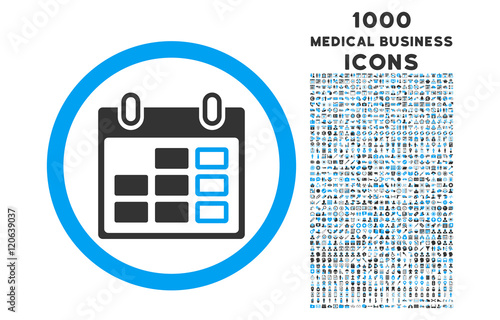 Calendar Week rounded vector bicolor icon with 1000 medical business icons. Set style is flat pictograms, blue and gray colors, white background.