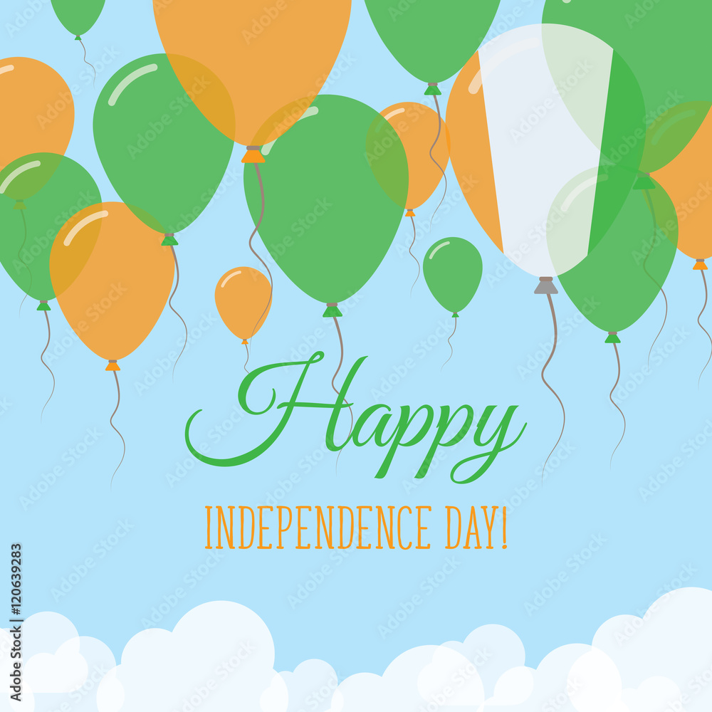 Cote D'Ivoire Independence Day Flat Greeting Card. Flying Rubber Balloons in Colors of the Ivorian Flag. Happy National Day Vector Illustration.