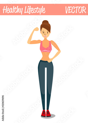 Brunette Healthy Skinny Girl Cartoon Character Illustration Showing Off Her Muscles, Being Skinny, Healthy and Wearing Sportswear: Sports Bra and Leggings