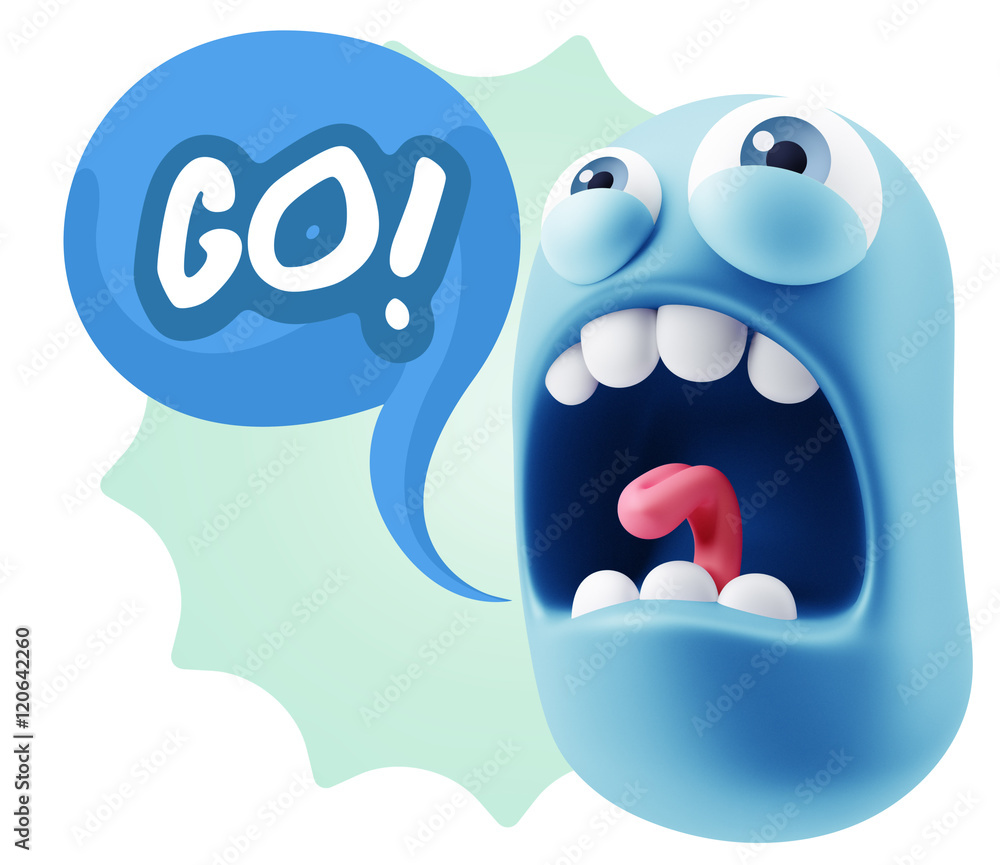 Obraz premium 3d Rendering Angry Character Emoji saying Go with Colorful Speec