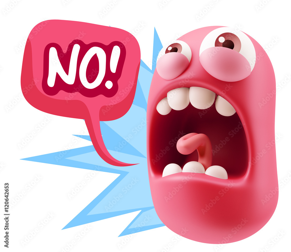 Obraz premium 3d Rendering Angry Character Emoji saying No with Colorful Speec