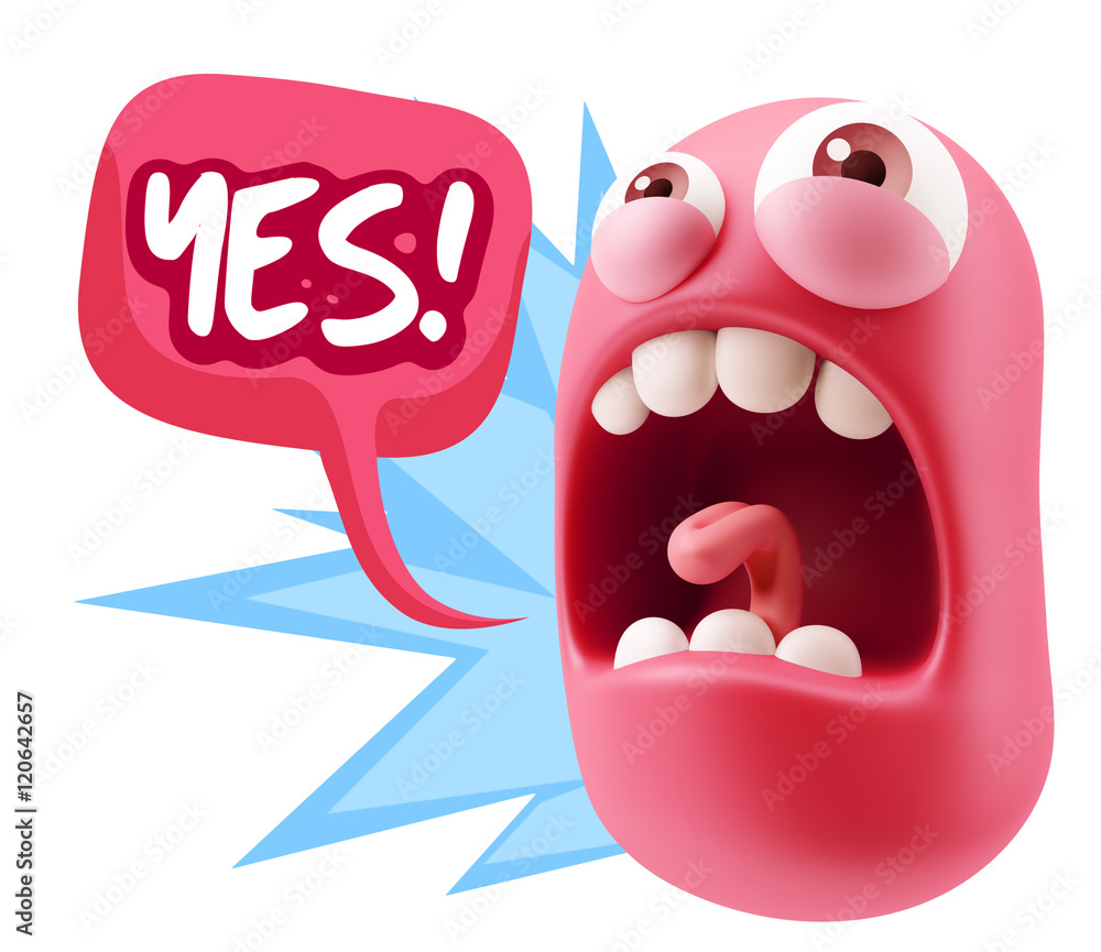 Obraz premium 3d Rendering Angry Character Emoji saying Yes with Colorful Spee