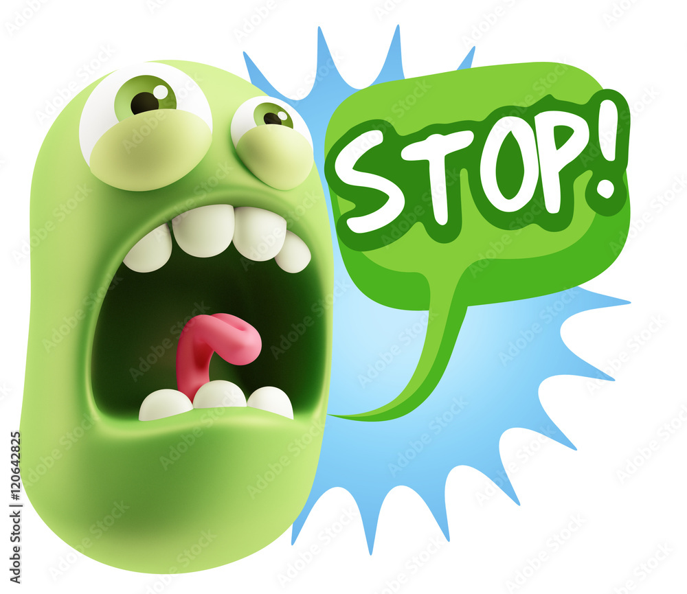 3d Rendering Angry Character Emoji saying Stop with Colorful Spe 3d Rendering Angry Character Emoji saying Stop with Colorful Spe