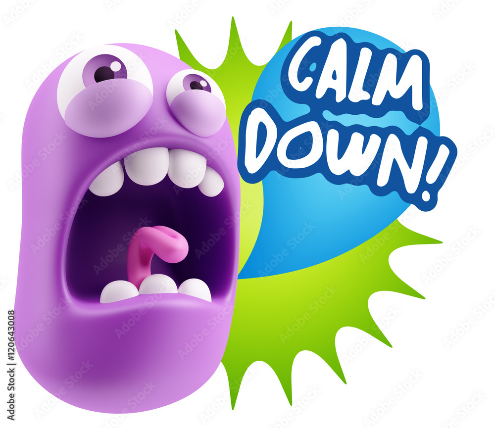3d Rendering Angry Character Emoji saying Calm Down with Colorfu