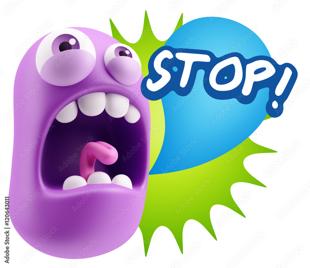 3d Rendering Angry Character Emoji saying Stop with Colorful Spe 3d Rendering Angry Character Emoji saying Stop with Colorful Spe