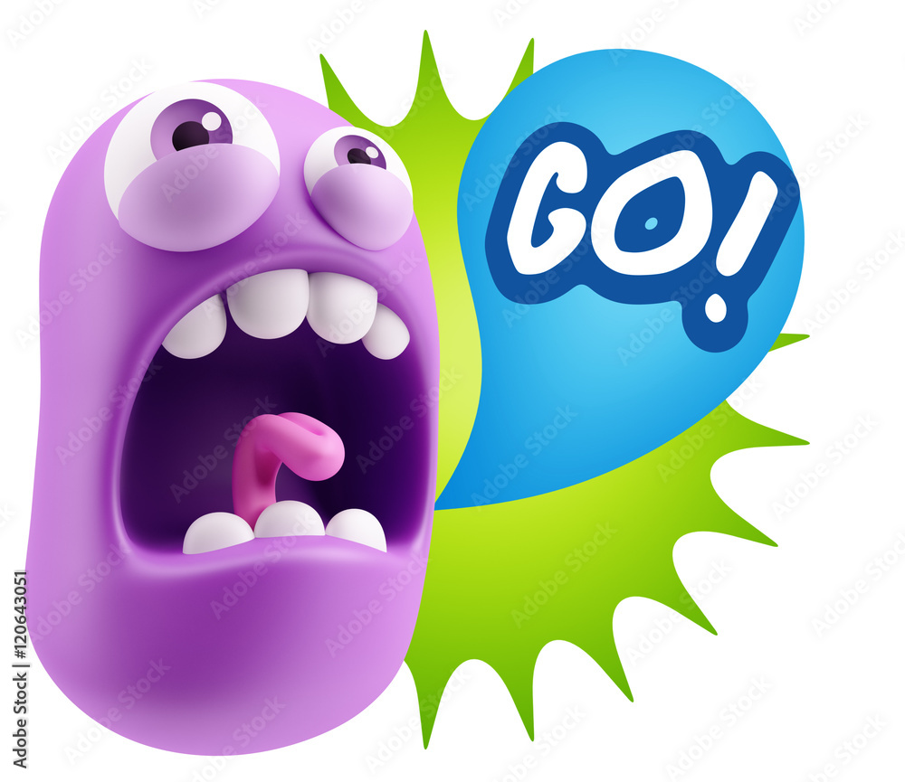 3d Rendering Angry Character Emoji saying Go with Colorful Speec 3d Rendering Angry Character Emoji saying Go with Colorful Speec
