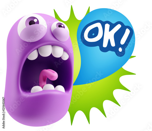 3d Rendering Angry Character Emoji saying OK with Colorful Speec photo