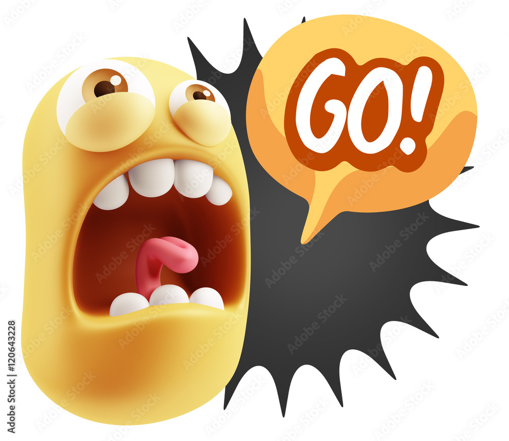 3d Rendering Angry Character Emoji saying Go with Colorful Speec 3d Rendering Angry Character Emoji saying Go with Colorful Speec