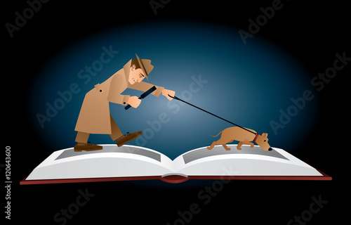 Vector illustration. A male detective in a beige hat and coat walking on the pages of an open book with magnifying glass and his search dog following a trace. Horizontal format, dark blue background.