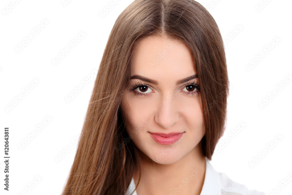 Young beautiful brunette woman face portrait with healthy skin. Isolated background