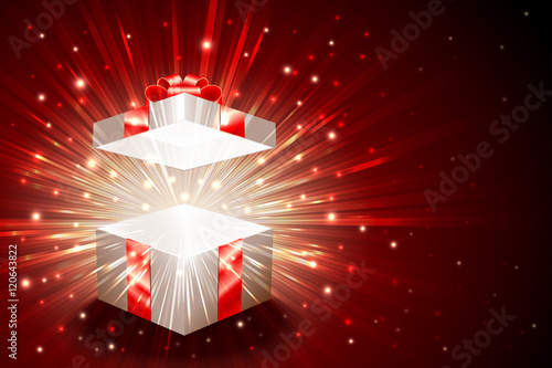 Open gift box with shining exploding firework from glitter; For theme of christmas, new year, birthday gifts; Vector Background Eps10