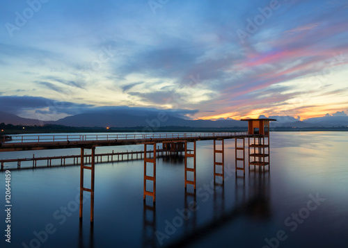 Long exposure of abandoned bridge at Bang Phra Reservoir in the Sun rise , Si Racha District , Chonburi Province, Thailand