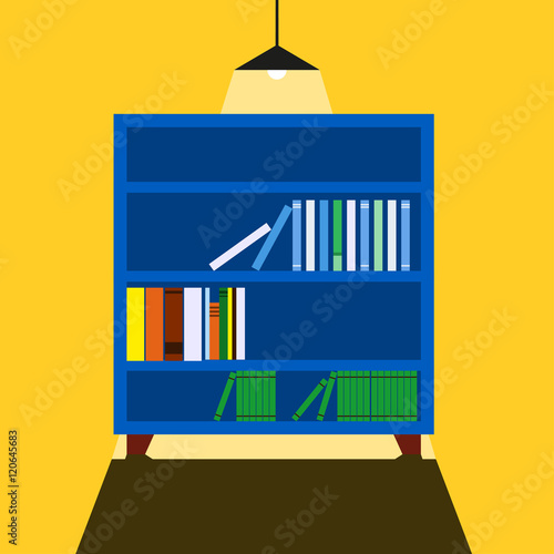 Bookcase Vector illustration Wide blue bookcase casts a shadow in front of him