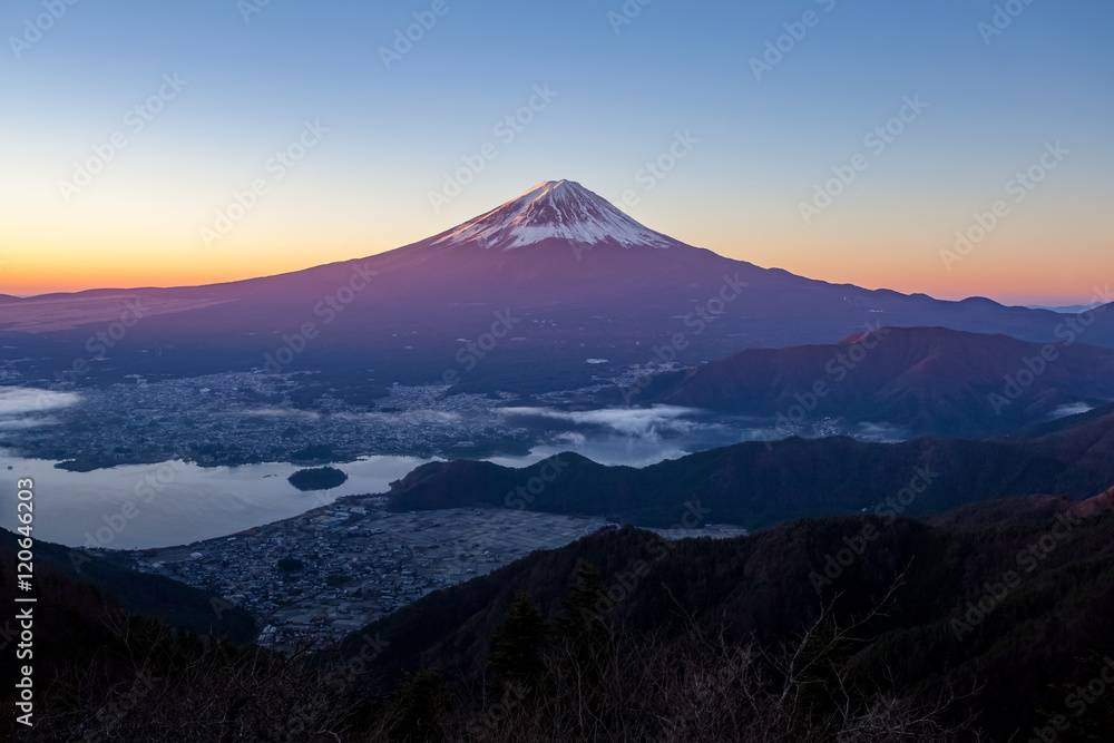 Mt.Fuji and Kawaguchiko lake with sea of mist in autumn season Mt.Fuji and Kawaguchiko lake with sea of mist in autumn season