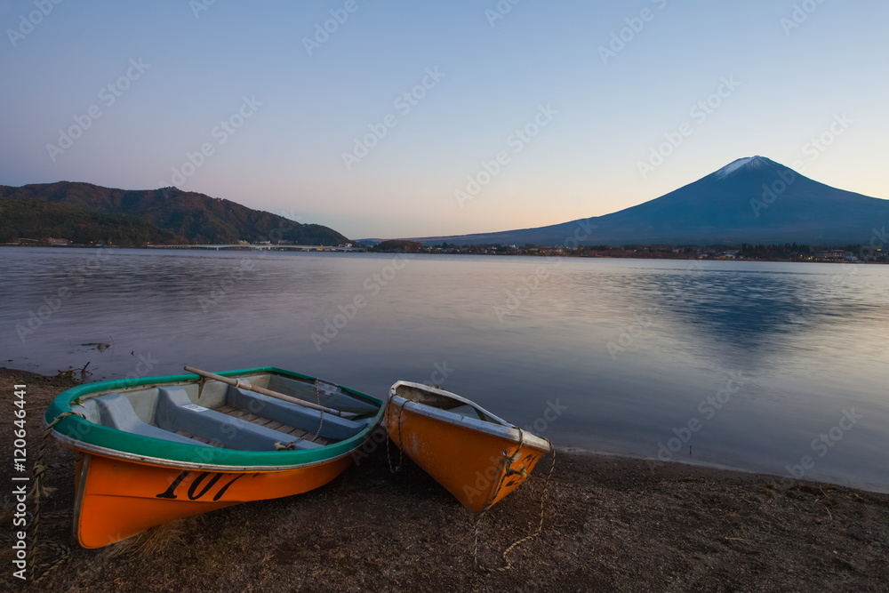 Mountain Fuji and Kawaguchiko lake in evening autumn season Mountain Fuji and Kawaguchiko lake in evening autumn season