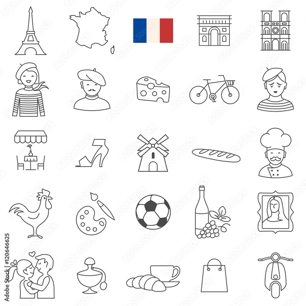 France travel line icons and culture symbols. Vector set France travel line icons and culture symbols. Vector set