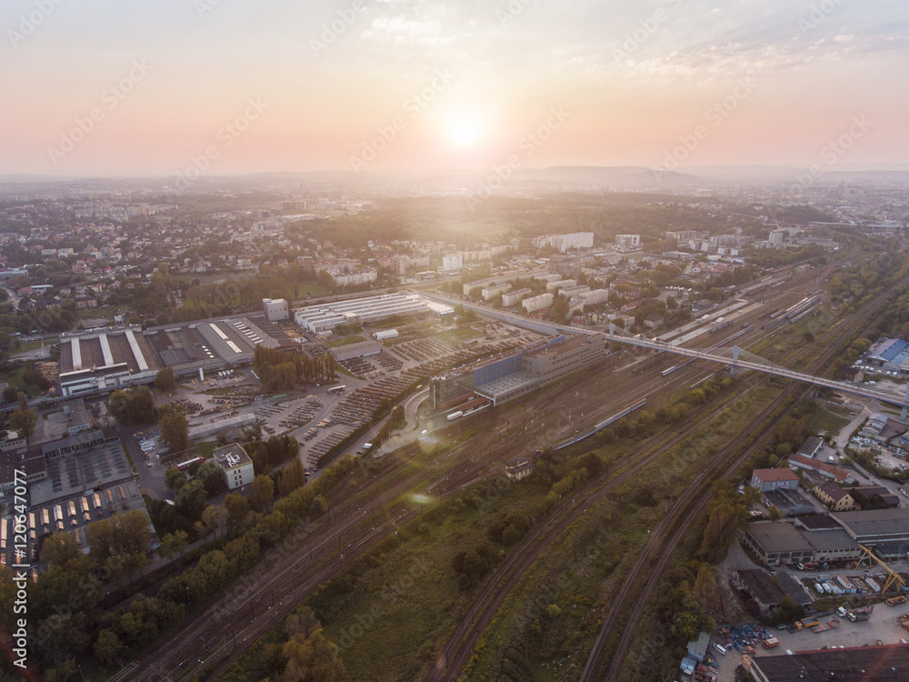 Aerial drone view in Krakow Industrial district 