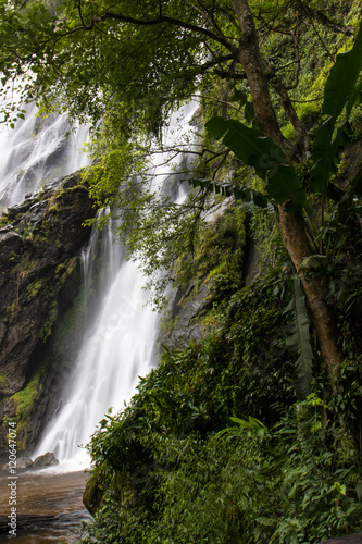 Waterfall near trees.